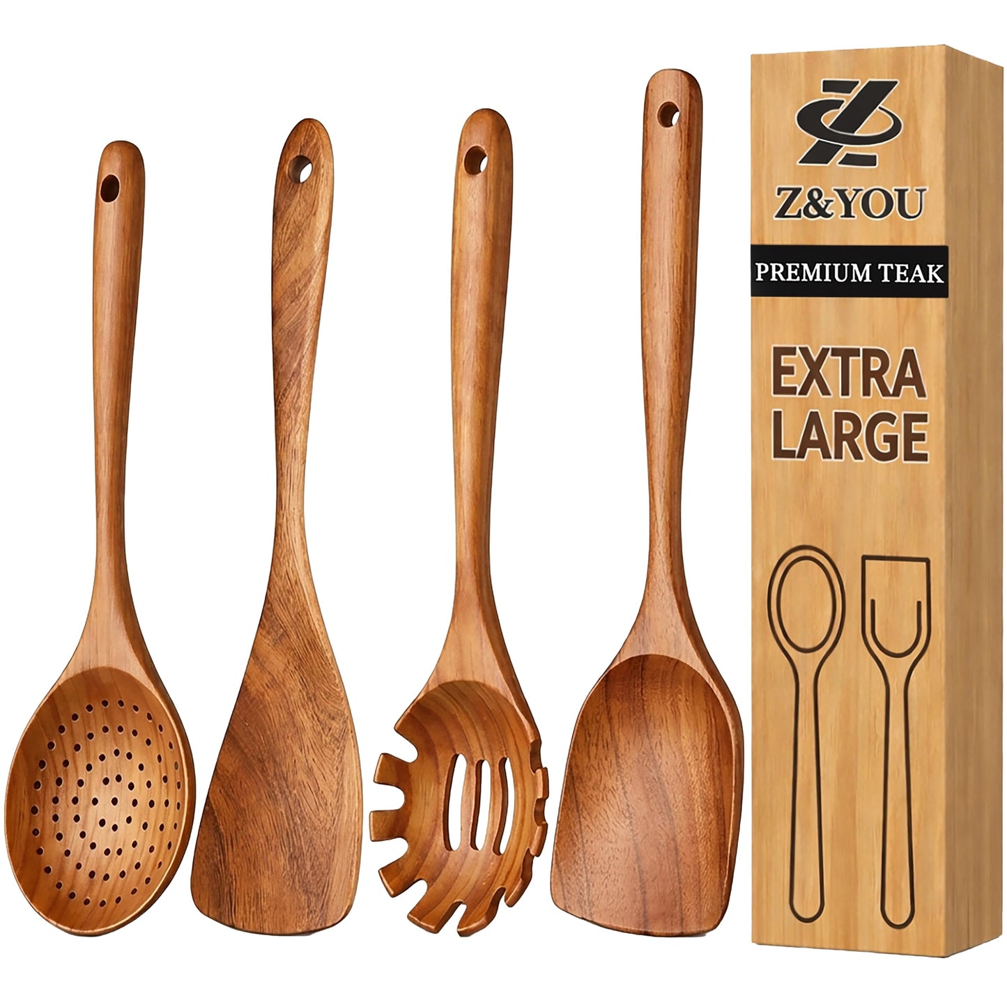 Extra-Large 4-Piece Teak Wooden Utensil Set – Non-Stick Wooden Spatula for Cooking, Skimmer Spoon & Spaghetti Spoon – Non Toxic Cooking Utensils