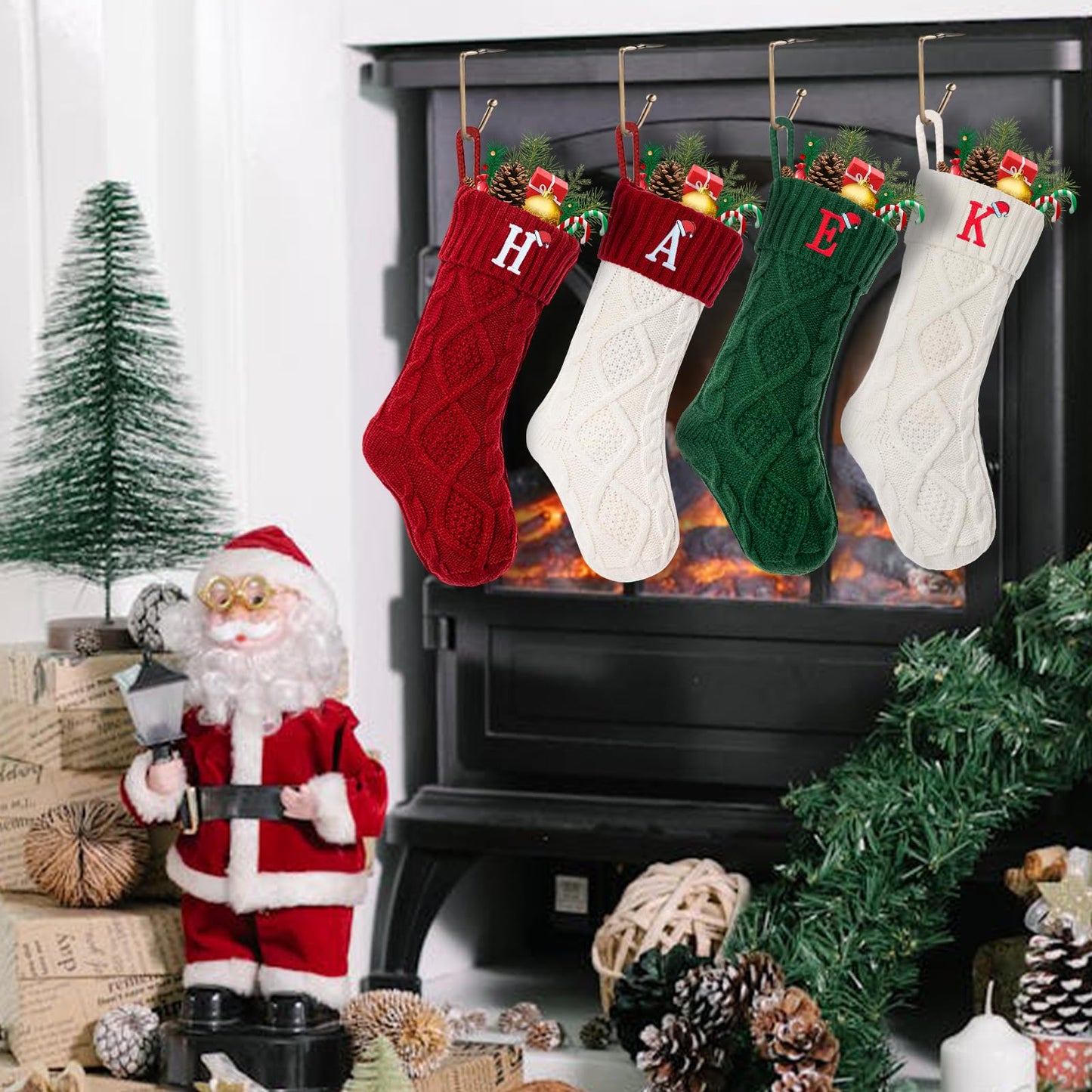 VRFASHION Christmas Stockings with Initials, Letter A Embroidered Xmas Stockings, 18" Large Monogram Knitted Xmas Stocking, Christmas Party Fireplace Family Hanging Stocking Decorations(1 Pack, Red)