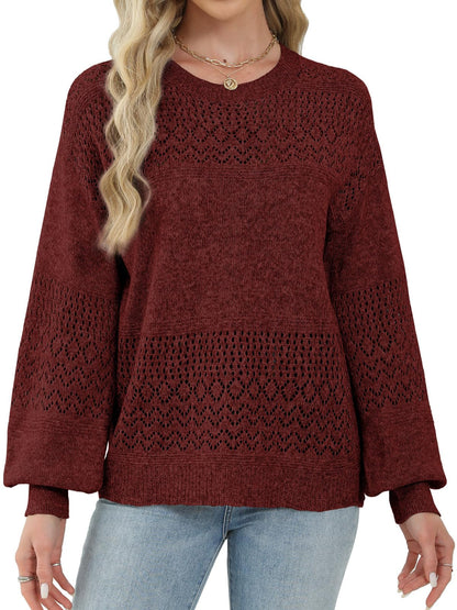 Lylinan Womens Sweaters Casual Boho Long Sleeve Shirts Crewneck Lightweight Crochet Tops Pullover Knit Sweater