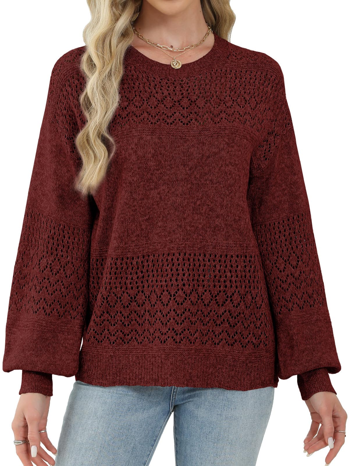 Lylinan Womens Sweaters Casual Boho Long Sleeve Shirts Crewneck Lightweight Crochet Tops Pullover Knit Sweater