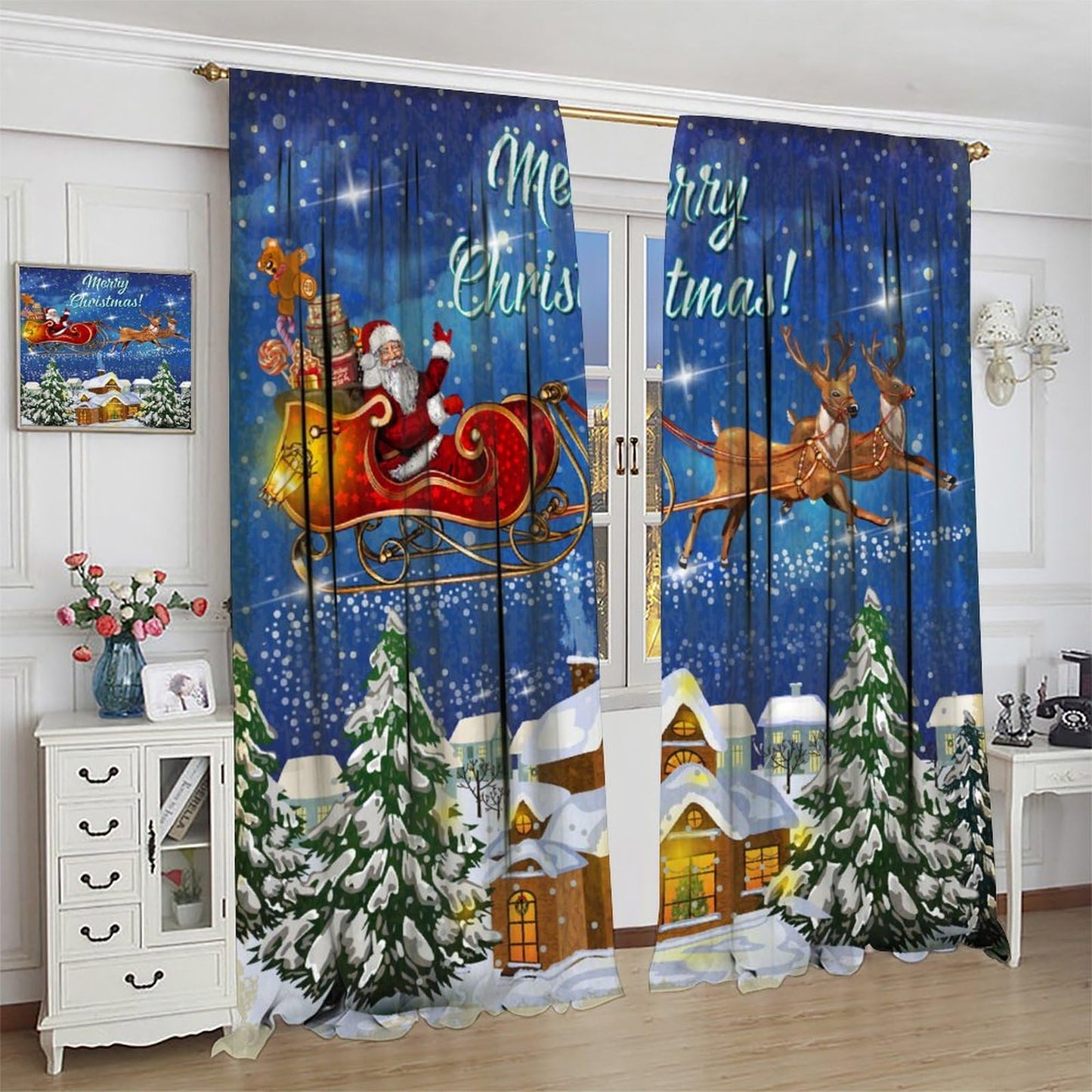 FengMingRui Christmas Curtains Santa Claus Sleigh Chimneys New Year Christmas Patterns Printed Window Treatment Bedroom Living Room Decoration Decor Window Drapes 42" W X 45" L