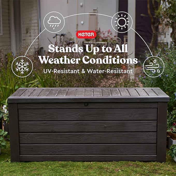 Keter Westwood 150 Gallon Deck Box Organizer, Doubles as 2-Person Bench Seat, Brown – Large Resin Outdoor Storage and Seating with Lockable Lid for Garden, Pool, and Patio
