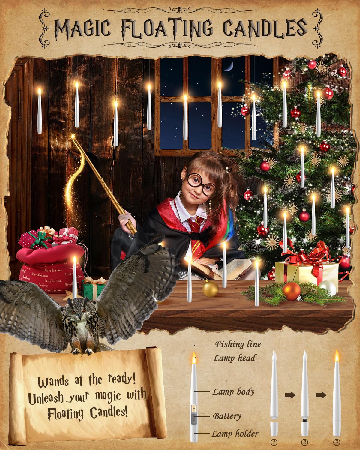 TLPUHU Floating Candles with Wand - 18 Pcs Christmas Decorations Magic Flameless Candles Flickering Warm Light Battery Operated LED Hanging Candles for Christmas Window Bedroom Birthday Party Decor