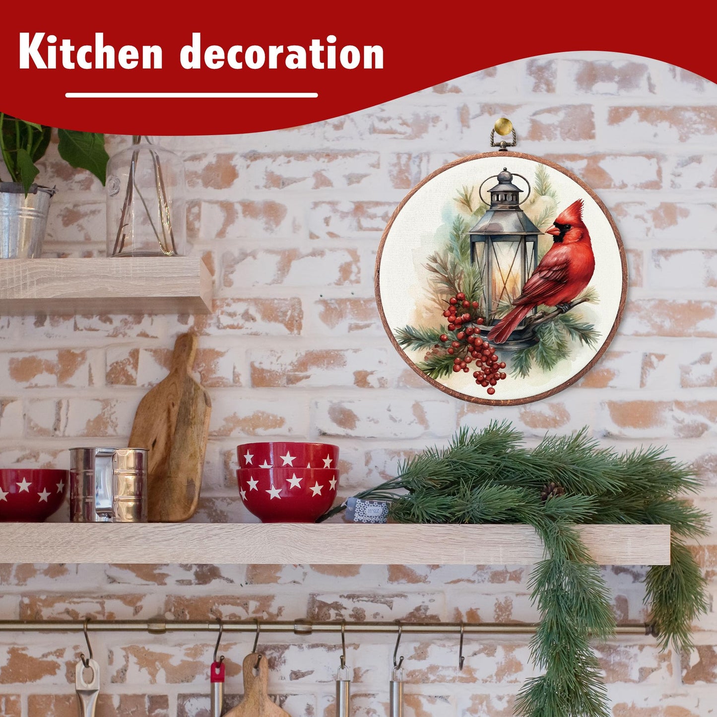 heiyihe Round Christmas Canvas Frame Wall Art Decor, 10x10 Inches Round Red Cardinal Bird Wall Artwork, Christmas Embroidery Kit Decor for Home Office, Xmas Gift Ideas for Family Friends-A02
