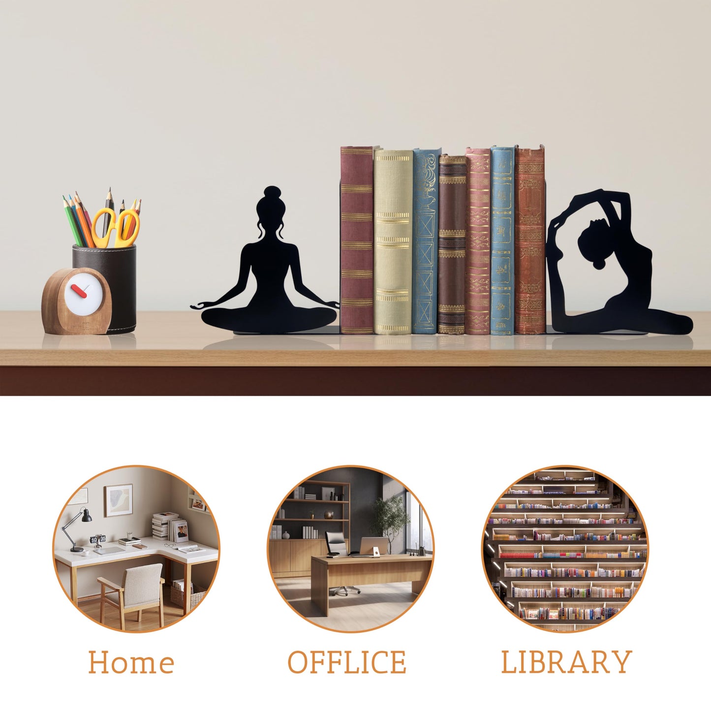 Yoga Pose Metal Decorative Bookends, Yoga Decor, Yoga Gifts for Women for Home, Bedroom, Bookshelf, Office Decor, Living Room Decor(Black)