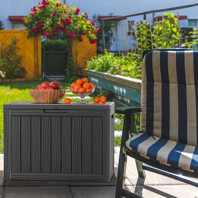 45 Gallon Outdoor Storage Box, Weather Resistant & Waterproof Resin Deck Box with UV Protection, Rattan Black Patio Storage Cabinet for Garden, Patio, Porch, Poolside(Black)