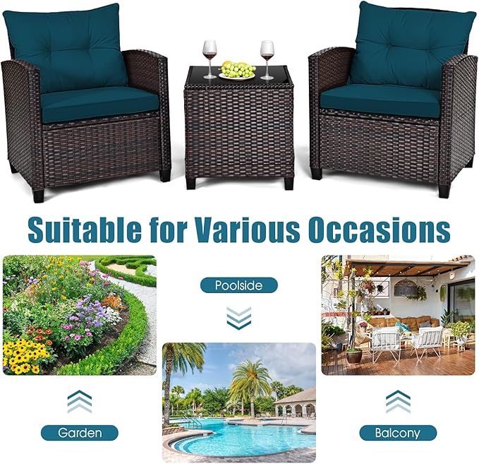 HAPPYGRILL 3 Pieces Patio Conversation Set, Outdoor Furniture Set PE Rattan