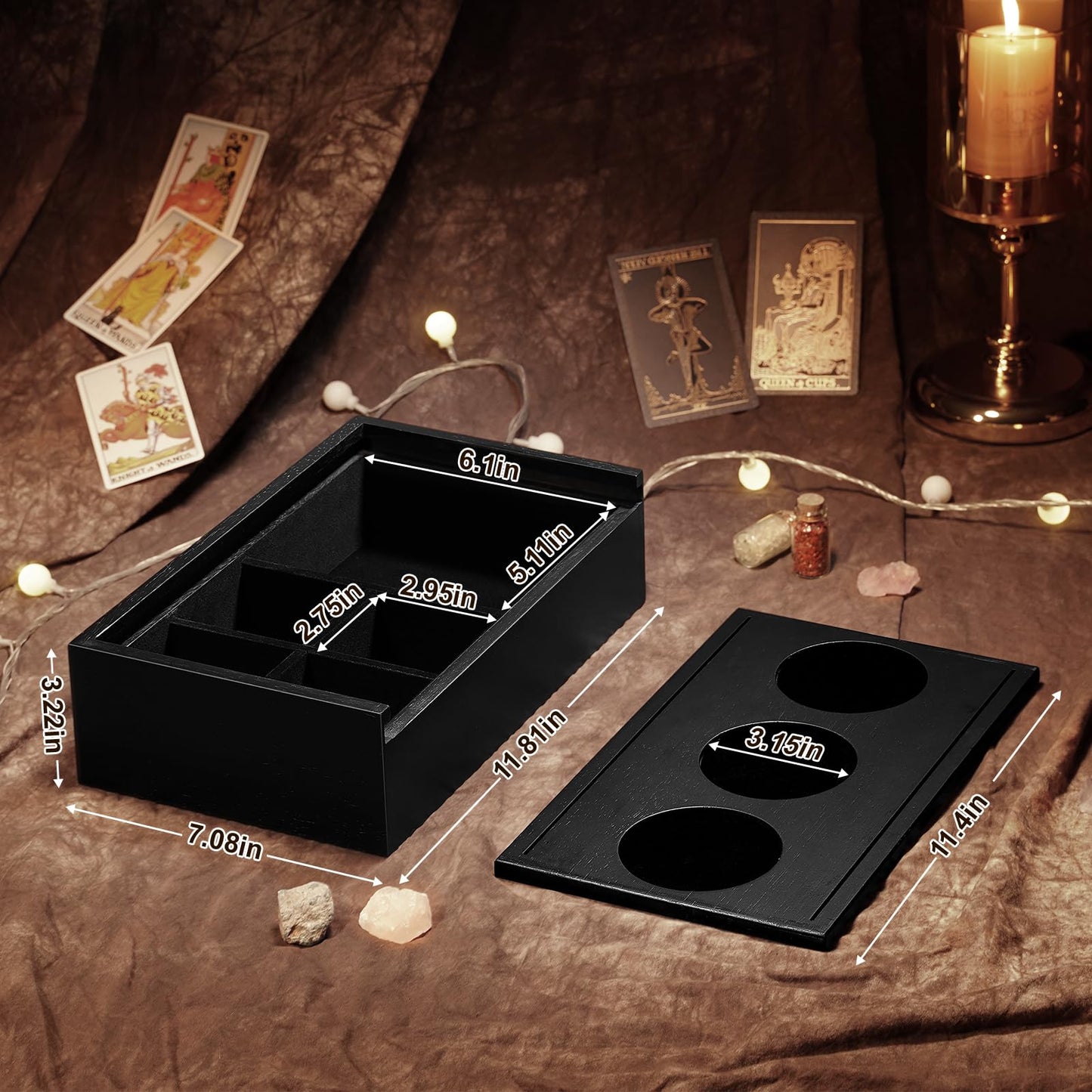 Emfogo Wooden Tarot Card Holder - Slide-Top Lid with 2 Card Slots Holds 8 Cards & Displays Crystals, Multi-Compartment Organizer for Jewelry, Trinket, Keepsake, Witchcraft Supplies (Black)