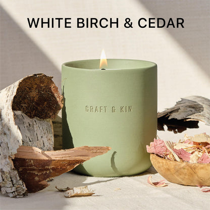 Craft & Kin Scented Candles - White Birch & Cedar | 10oz Soy Blend with Cotton Wick | Long-Lasting Holiday Candles, 40-Hour Burn | Ceramic Jar, Perfect & Winter Home Scent