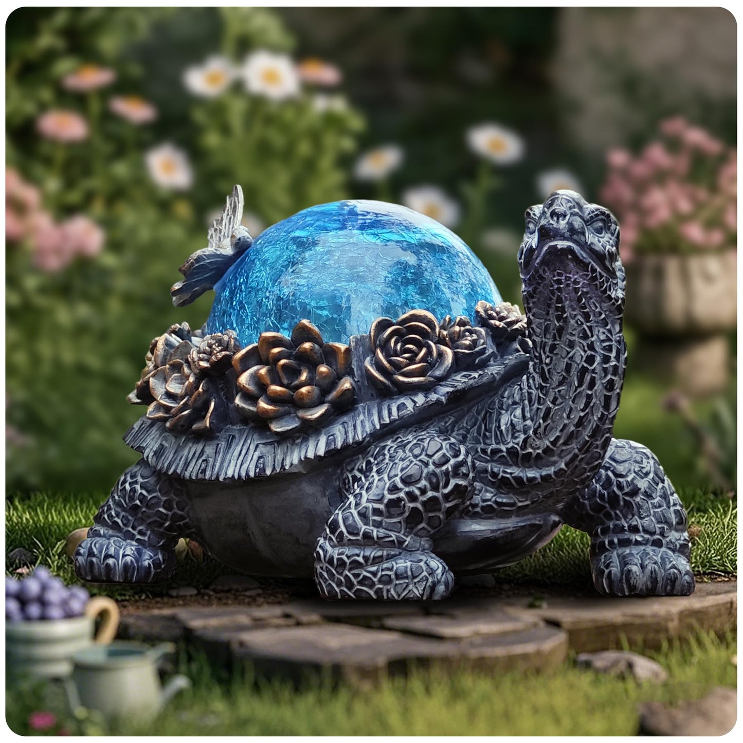 Vlyrofea Outdoor Turtle Statue – Resin Animal Figurine with Blue Crystal Solar Lights,Golden Succulent Accents & Dragonfly Decor, Cute Garden Ornament, Yard Art for Lawn, Patio,Mom Wife Unique Gifts
