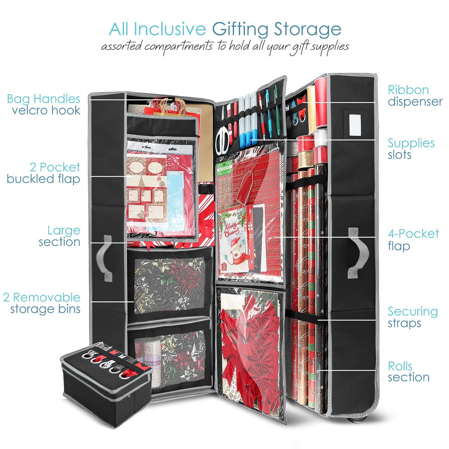 Hearth & Harbor Holiday Storage with Extra 2 PC of Christmas Storage Bins and Ribbon Storage Organizer - Fade Resistant Wrapping Paper Storage Containers with Wheels Fits Up to 30 Rolls of 40" Length
