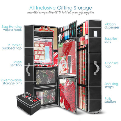 Hearth & Harbor Holiday Storage with Extra 2 PC of Christmas Storage Bins and Ribbon Storage Organizer - Fade Resistant Wrapping Paper Storage Containers with Wheels Fits Up to 30 Rolls of 40" Length