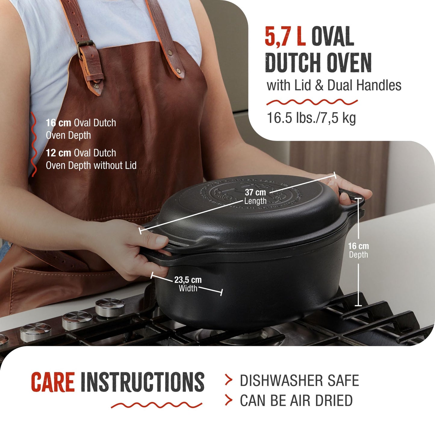 Victoria Dutch Oven Pot and Pan Induction Enamelled Cast Iron 31 cm Oval, Set of 2 Cocotte 5.7 L, PTFE and PFOA Free, Suitable for Fire, Barbecue, Oven, Ceramic Hob, Gas