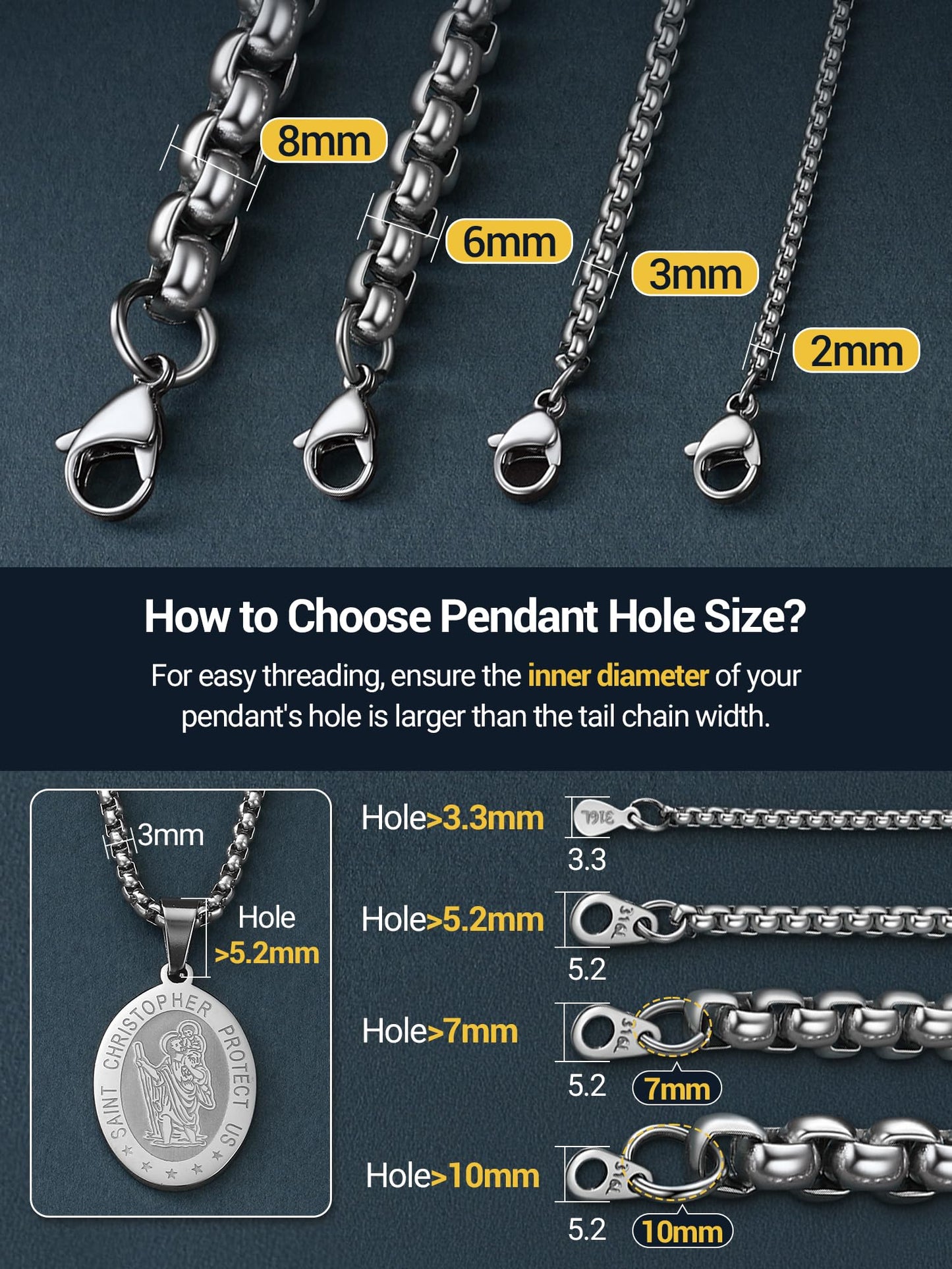 PROSTEEL Squre Rolo Link Chains, Stainless Steel Chain Necklace Waterproof & Strong Lobster Clasp 3mm Link Chains for Men and Women Jewelry with Gift Box 18in