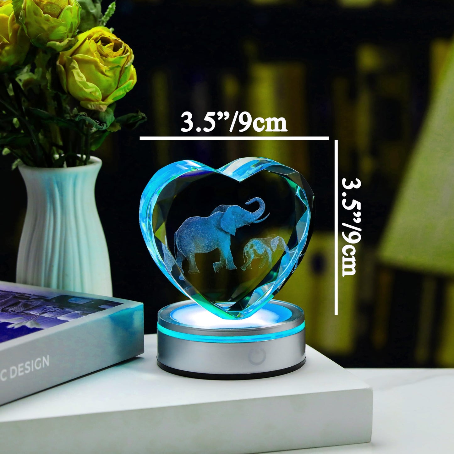 Qianwei Elephant Gifts for Women 3D Crystal Heart - Laser Elephant Decor Glass Animals Elephants Gifts Figurines Statue Stuff for Room Decorations Night Light