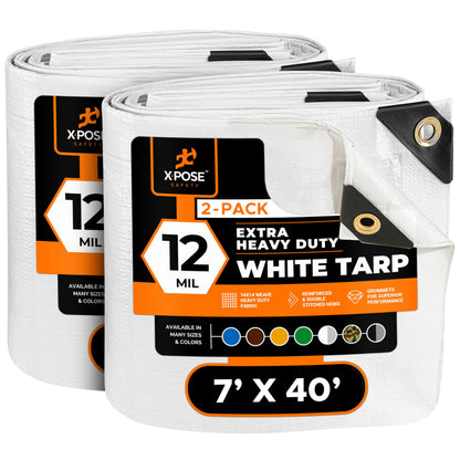 Heavy Duty White Poly Tarp 7' X 40' (2-Pack) - Multipurpose Protective Cover - Durable, Waterproof, Weather Proof, Rip and Tear Resistant - Extra Thick 12 Mil Polyethylene - by Xpose Safety