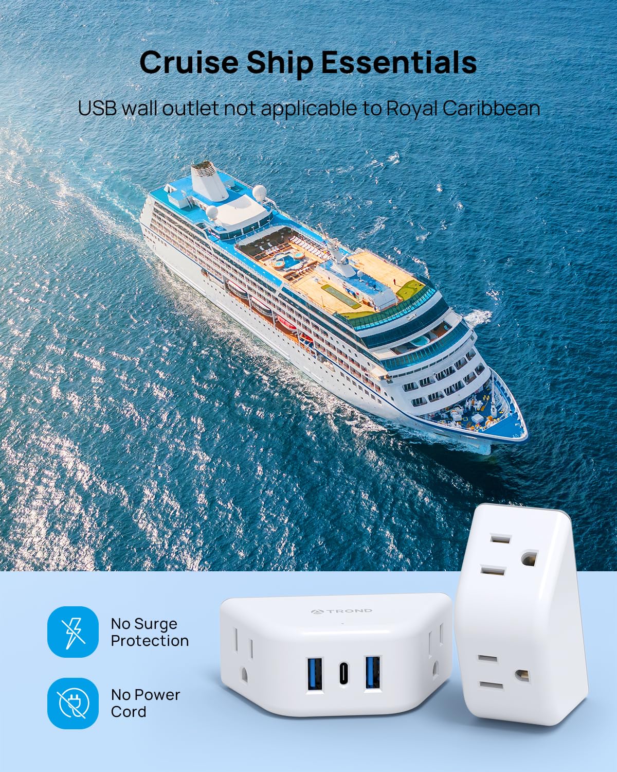 TROND Multi Plug Outlet Extender 2 Pack - Electrical Wall Splitter, 3 Way Angled Wall Outlet Adapter, Cruise Essentials, Small Multiple Plug Expander for Cruise Ship Home Office Dorm Room, White