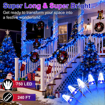 750 LED 240FT Christmas String Lights Outdoor, 12 Pro Modes and Timer Memory & Brightness, Plug in Outdoor Waterproof Clear Wire Twinkle Light for for Xmas Yard Tree Wedding Party Decor (Blue)