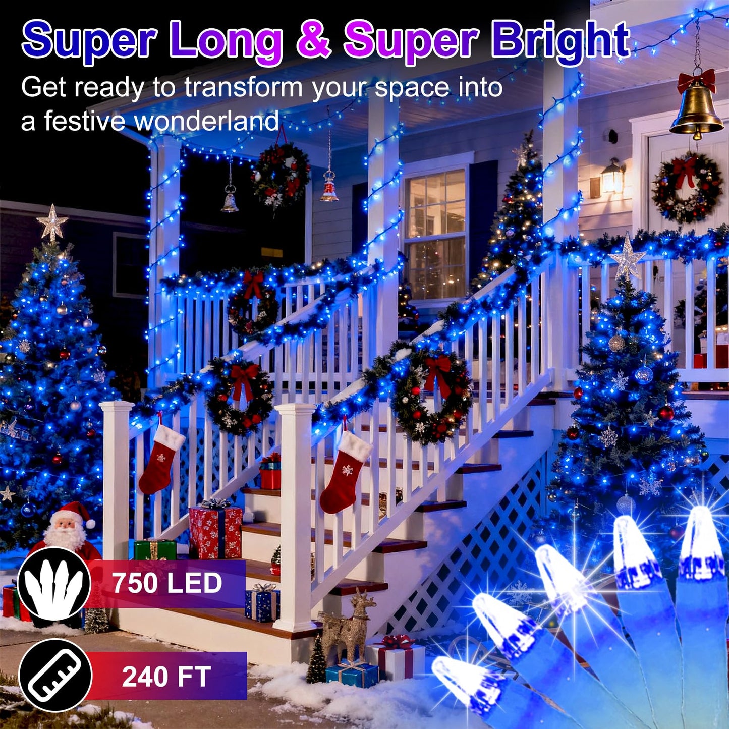 750 LED 240FT Christmas String Lights Outdoor, 12 Pro Modes and Timer Memory & Brightness, Plug in Outdoor Waterproof Clear Wire Twinkle Light for for Xmas Yard Tree Wedding Party Decor (Blue)