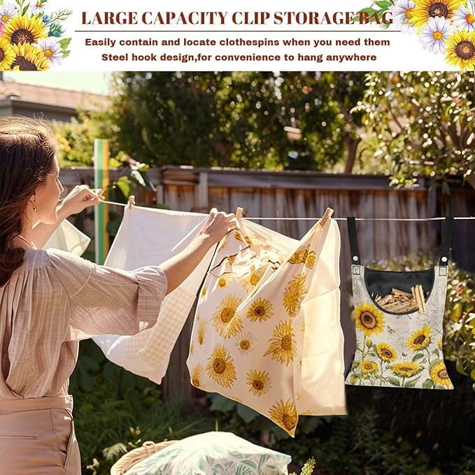 2 Pcs Sunflowers Print Clothespin Bag, Laundry Hanging Bag Fits Clothes Lines