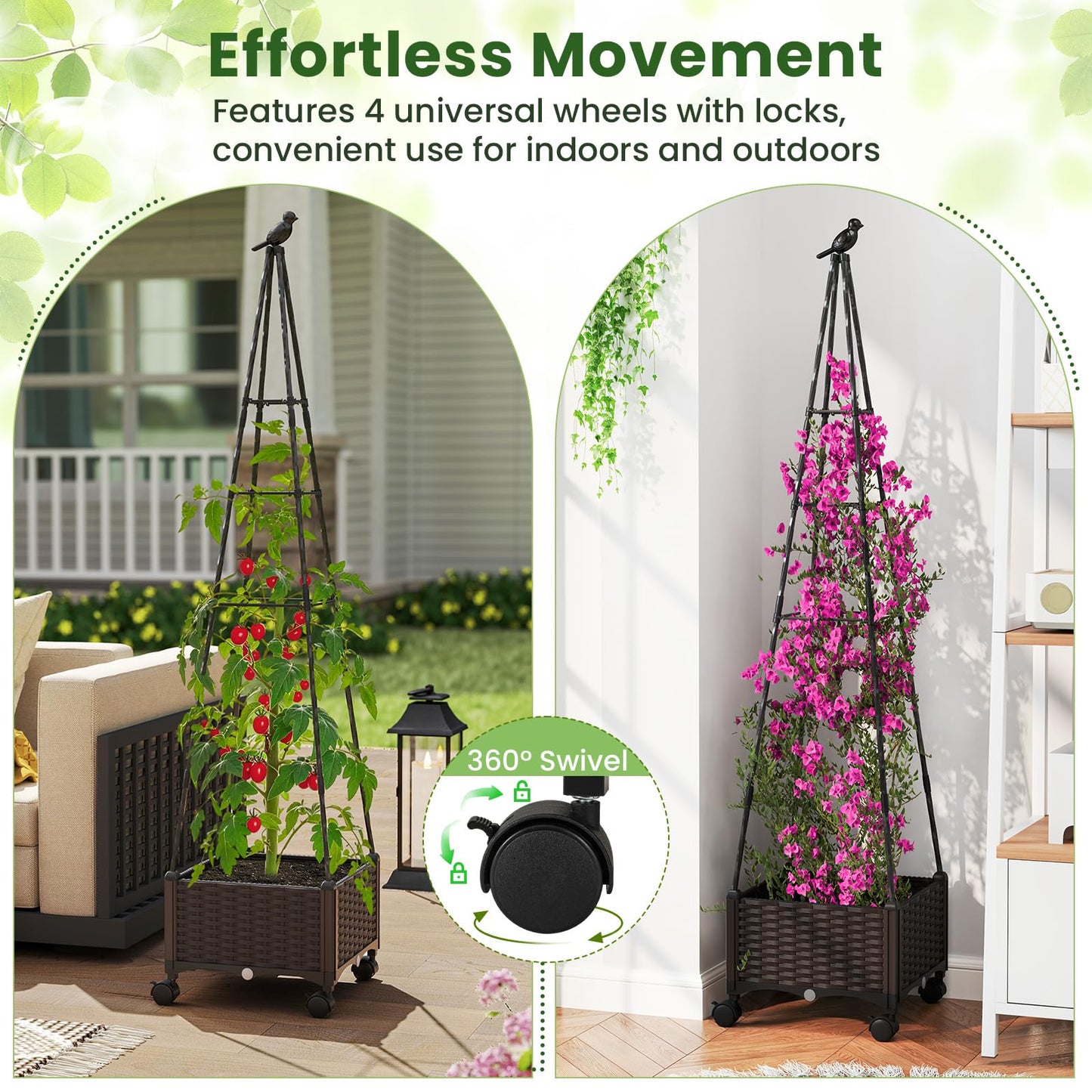 Giantex Raised Garden Bed with Wheels & Tomato Cage, Self Watering Planter Box with Obelisk Trellis, Adjustable Height, Indoor Outdoor Planter for Climbing Plant Flower Vegetable Fruit (1)