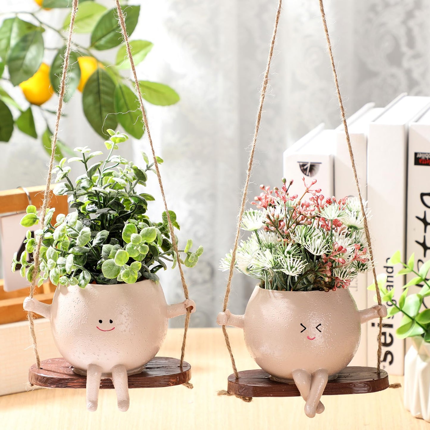 Suclain 2 Pcs Swinging Planter Pots Funny Planters Hanging Cute Planters for Women Gift Indoor Outdoor Resin Smile Faces with Drainage Holes Succulent Pot String of Pearls Plant Flower
