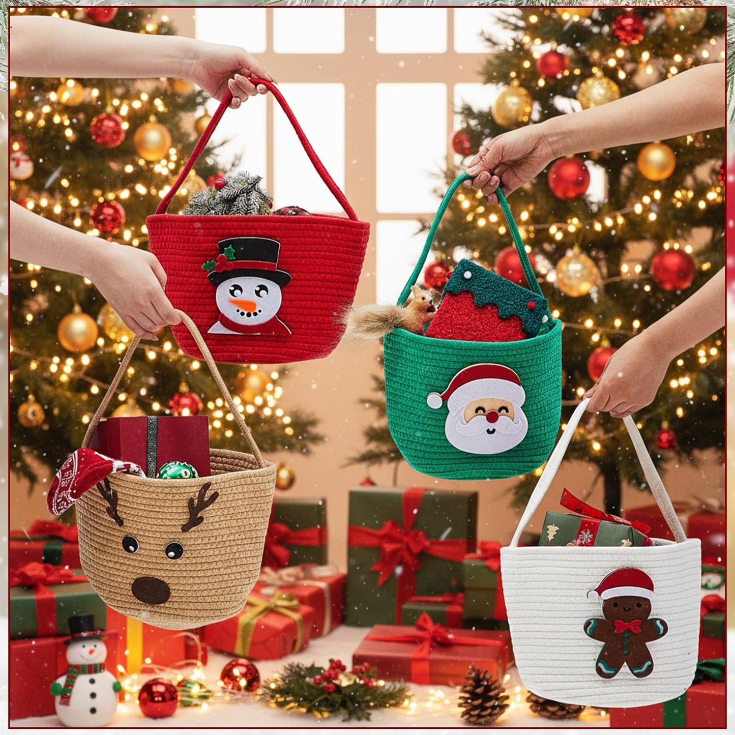 Sliner 4 pcs Christmas Woven Basket Empty for Gifts Woven Cotton Rope Basket with Christmas Xmas Decoration Storage with Handle for Baby Showers Snack Storage Xmas Decor Party Supplies Gifts