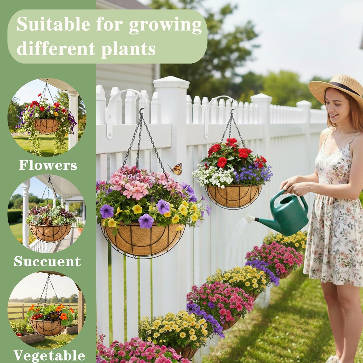 EIMQUVW Outdoor Metal Hanging Planters Basket (4pack, 14 inch) Hanging Baskets for Plants Chain Round Wire Plant Holder with Coco Fiber Liners for Garden, Patio, Deck, Porch(Grid)