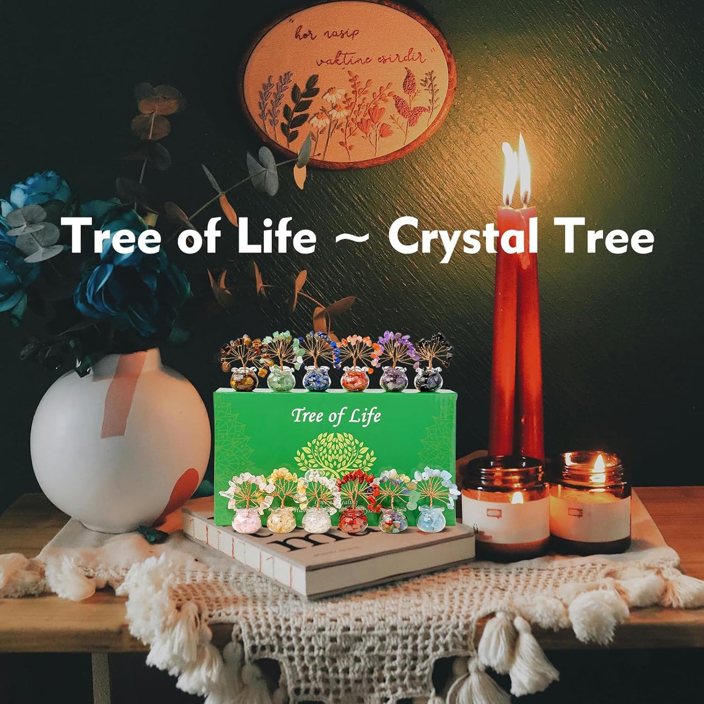 Runyangshi 12pcs Chakra Crystal Tree Set - Fengshui Money Tree with Gemstones, Glass Base, Natural Crystal and Healing Stones for Home Office Decor