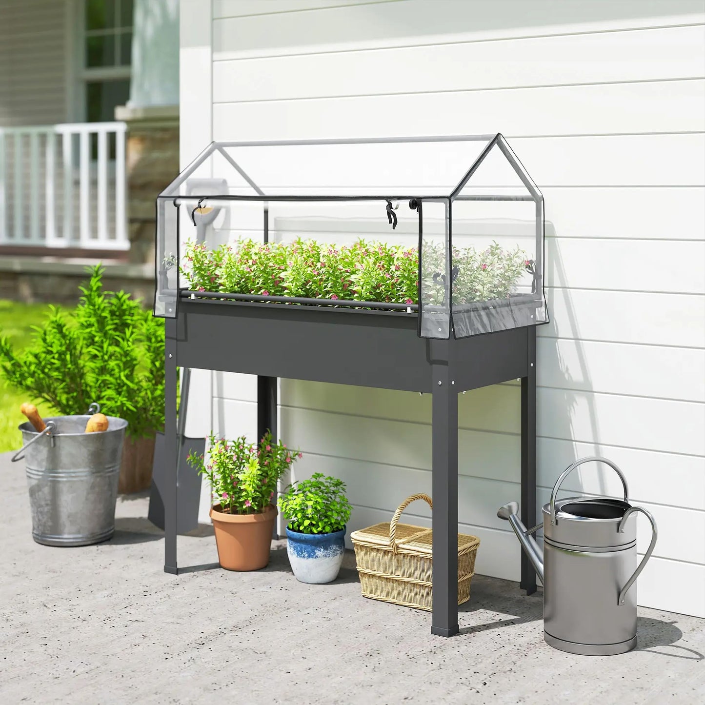 Elevated Raised Garden Bed with Mini Greenhouse, Dark Gray Metal Planter Box with Flip-Up Protective Cover, 39.4" x 18.9" x 48.8", 110 lbs Capacity