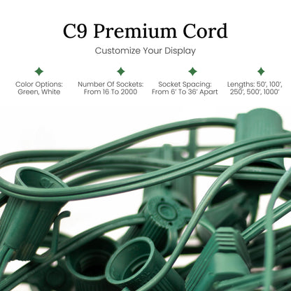 Christmas Designers Pro Christmas C9 Light Cord - 500 ft Spool, 500 Bulb Sockets, 12” Spacing, Green Wire