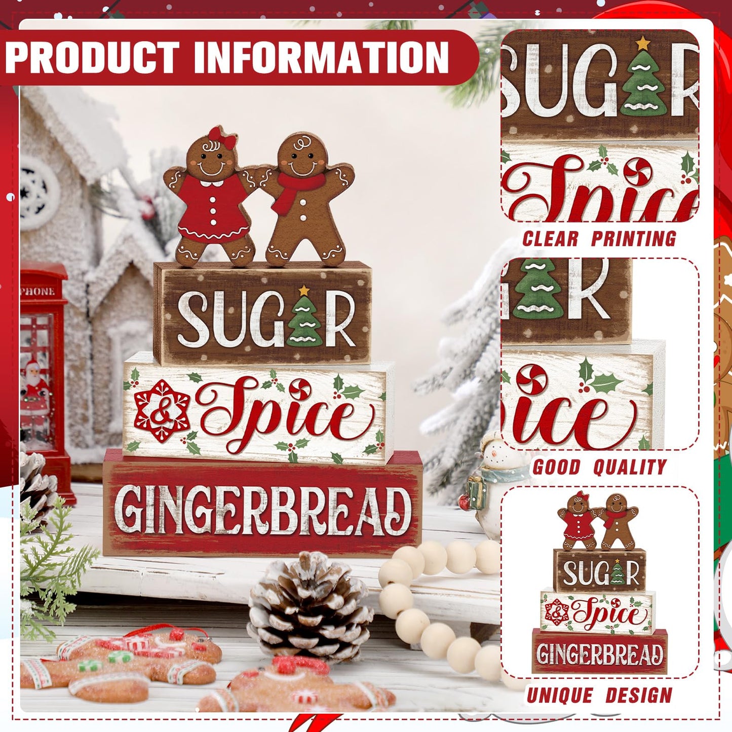 Marsui 4 Pcs Christmas Gingerbread Table Decorations Gingerbread Man Wooden Sign Blocks Rustic Xmas Tiered Tray Decor Farmhouse Holiday Christmas Decorations for Home Indoor Office Desk Mantle Shelf