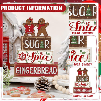 Marsui 4 Pcs Christmas Gingerbread Table Decorations Gingerbread Man Wooden Sign Blocks Rustic Xmas Tiered Tray Decor Farmhouse Holiday Christmas Decorations for Home Indoor Office Desk Mantle Shelf