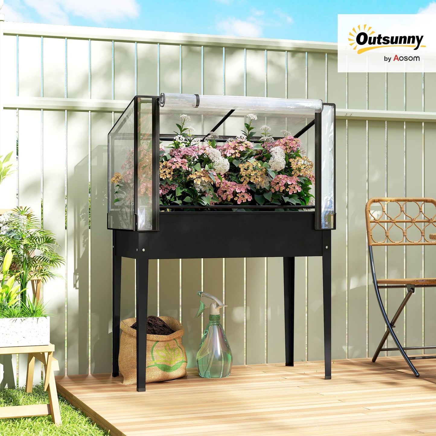 Outsunny Raised Garden Bed with Flip-Up Greenhouse Cover, Metal Elevated Garden Bed with Legs and Drainage Hole, Outdoor Raised Planter Box for Vegetables Herbs Flowers, 39.4" x 18.9" x 52.8", Black