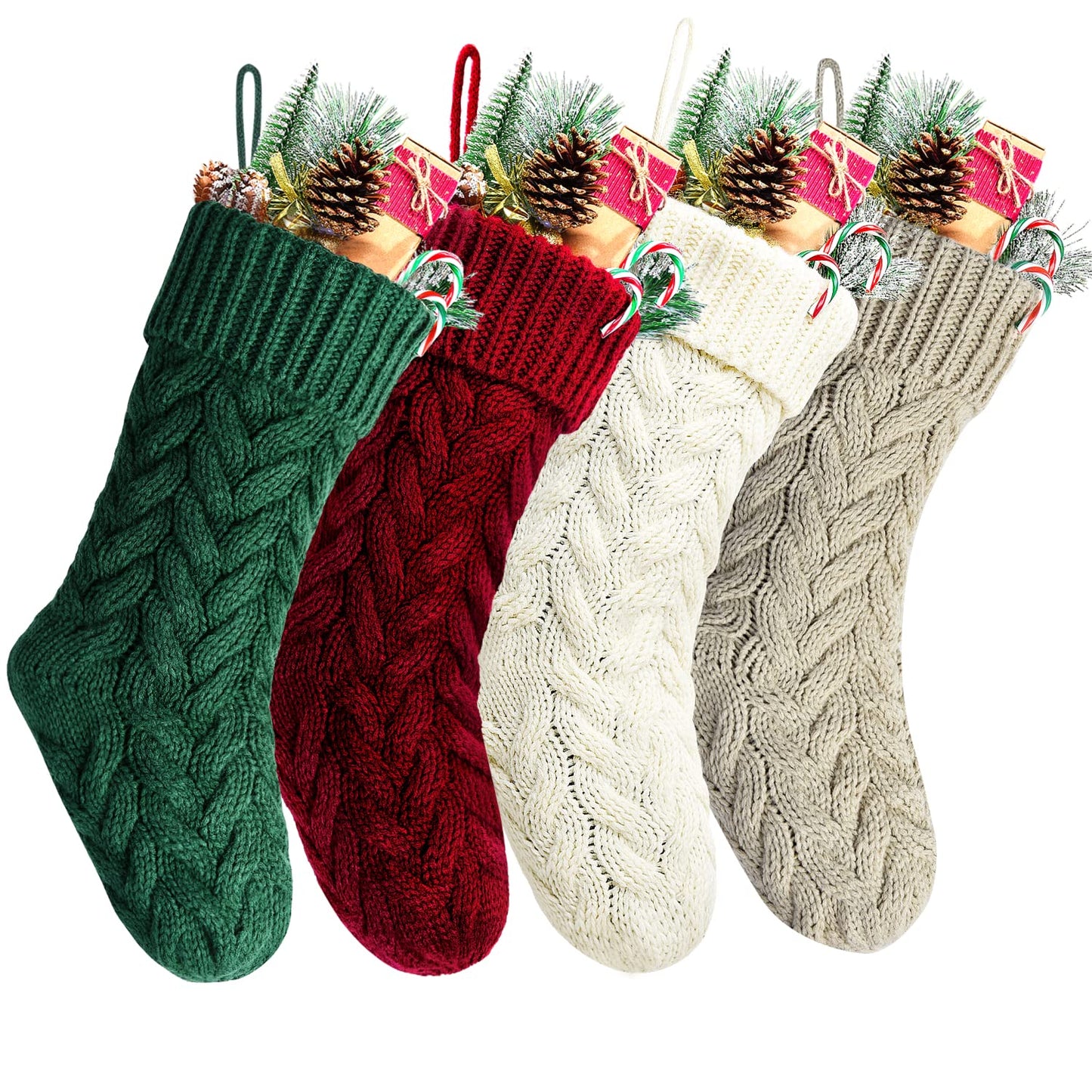 Kunyida Christmas Stockings, 18 Inch Burgundy, Ivory, Green and Khaki Cable Knitted Stocking for Xmas Holiday Decoration, 8 Pack