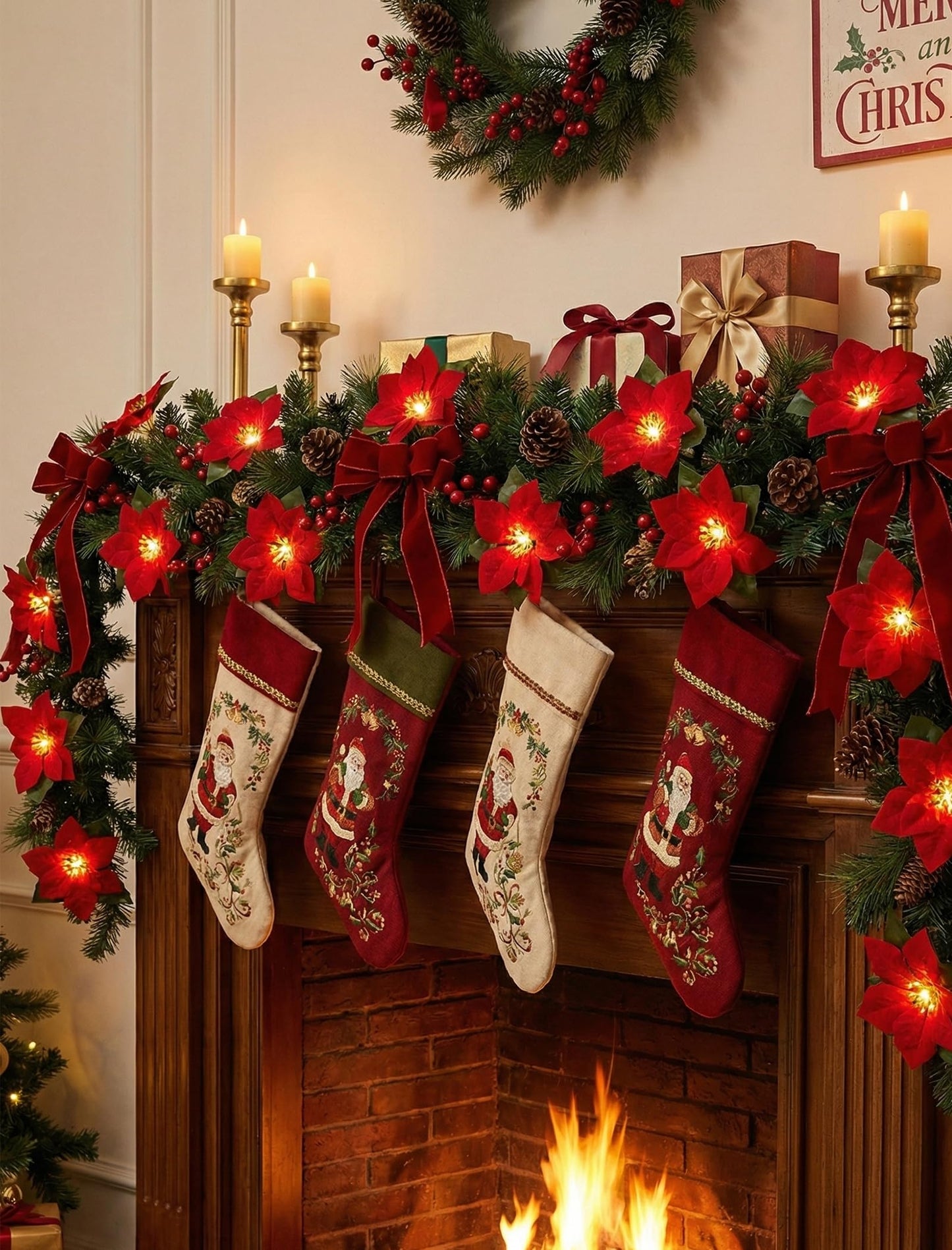 Christmas Red Flower String Lights Plug in, 8.5Ft Red Christmas Decorations Lights Outdoor with 10 LED Flowers Lights, Hanging Flowers Fariy String Lights for Holiday Party Window Home Birthday Decor