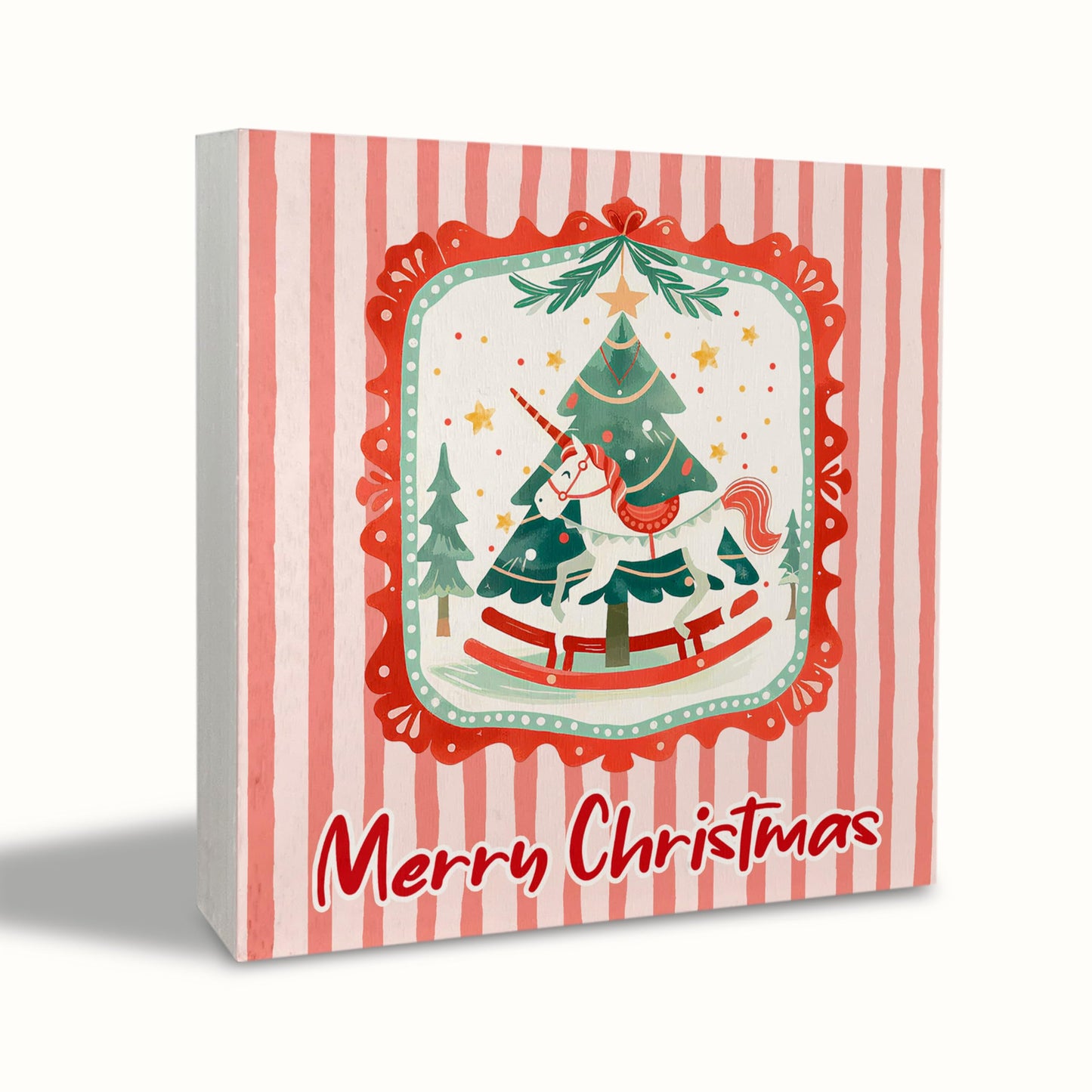 KEUSPI Rustic Pink Merry Christmas Wooden Box Sign, Preppy Christmas Desk Decor, Xmas Tree Mythical Horse Holiday Wood Box Block Sign for Home Office Desk Tabletop Shelf Decoration 5x5 Inch