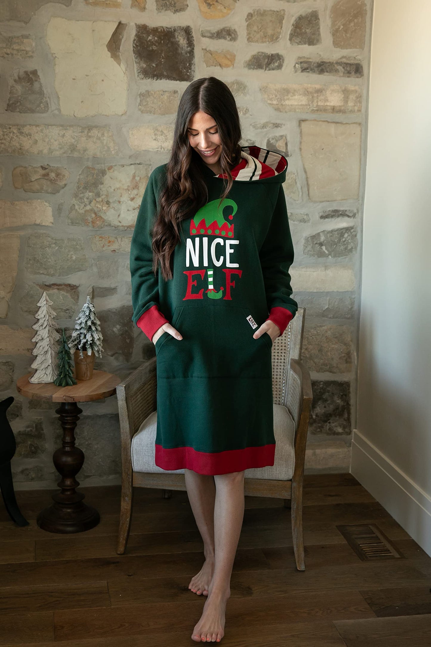 Lazy One Oversized Hoodie Sweatshirt, Comfortable Loungewear, Christmas (Nice Elf, L/XL)
