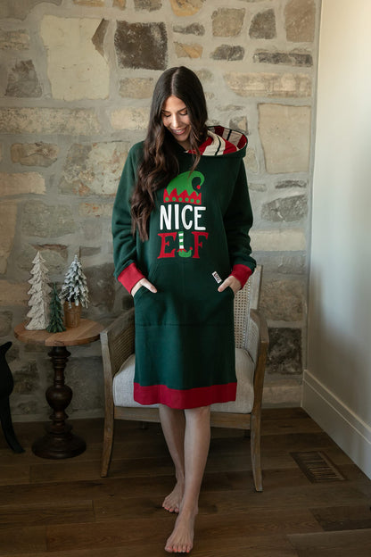 Lazy One Oversized Hoodie Sweatshirt, Comfortable Loungewear, Christmas (Nice Elf, L/XL)
