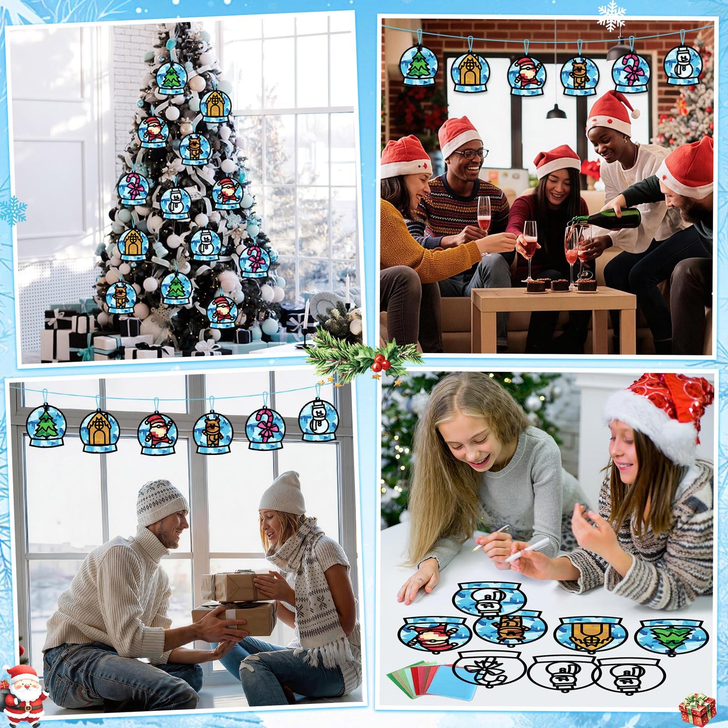 Qyeahkj 36 Set Winter Christmas Suncatchers Craft Kit for DIY Santa Snowman Reindeer Globe Tissue Paper Craft Kit Hanging Decor for Xmas Home Activity Art Project Birthday Party Favor Gift