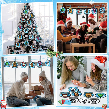 Qyeahkj 36 Set Winter Christmas Suncatchers Craft Kit for DIY Santa Snowman Reindeer Globe Tissue Paper Craft Kit Hanging Decor for Xmas Home Activity Art Project Birthday Party Favor Gift