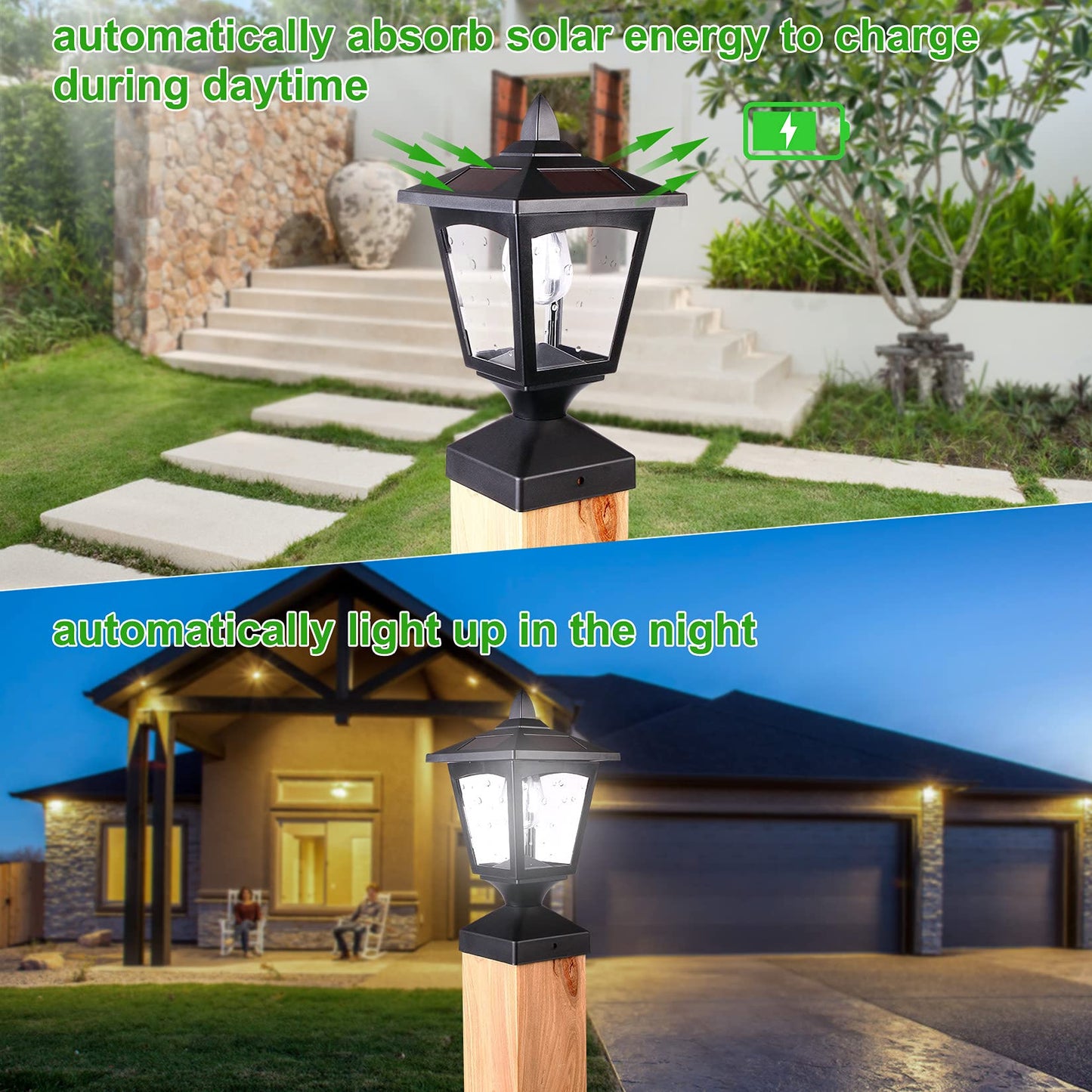 Melunar Solar Post Lights Outdoor, Solar Lamp Post Cap Lights, Waterproof Fence Post Solar Lights for Wood Fence Deck Patio Garden Outside Decorative, Fit on 4x4 Wood Posts, 15 Lumens, Black (2 Pack)