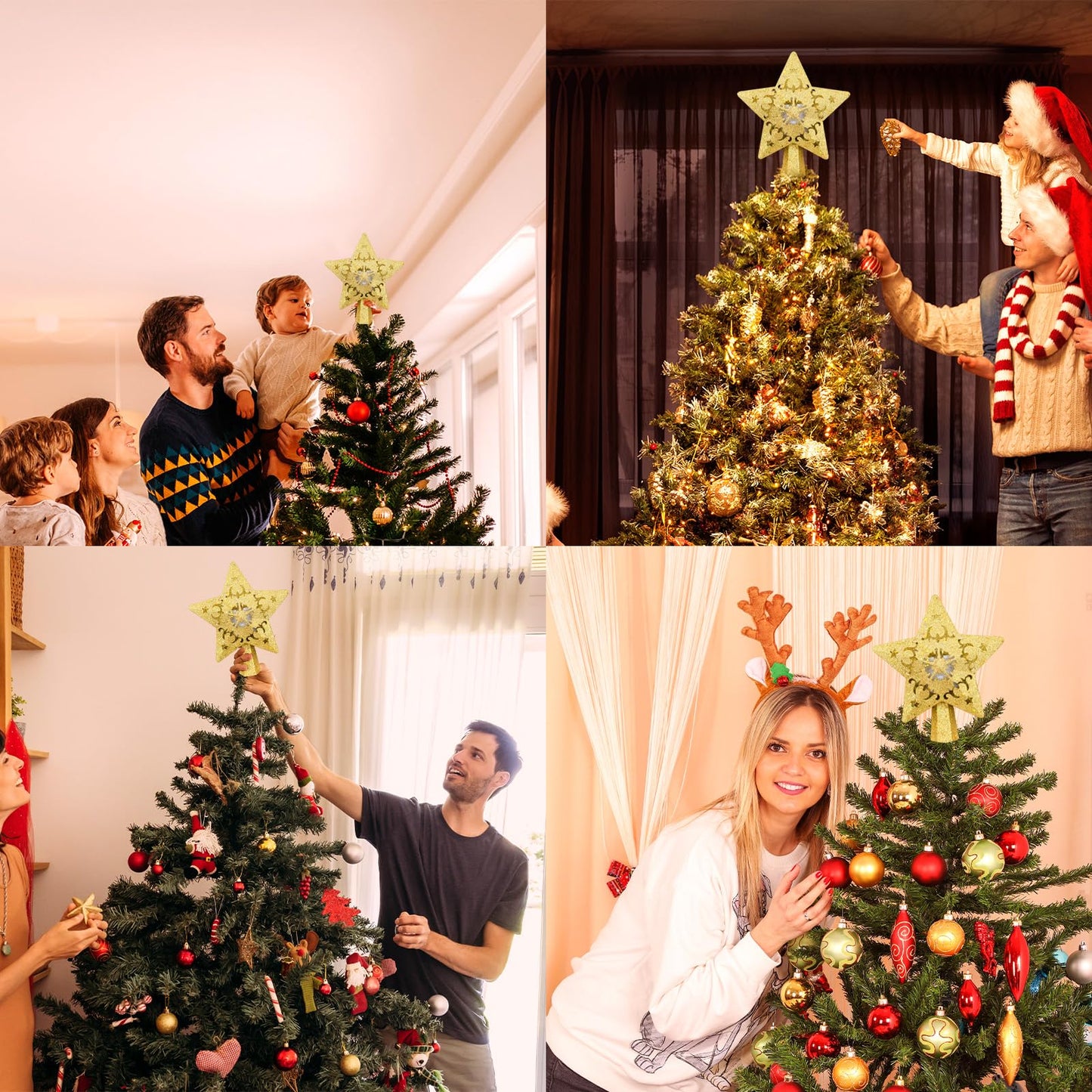 Christmas Star Tree Topper with Rotating LED Projector Lights, 3D Gold Glitter 5-Point Star, Plug-in Tree Top Ornament for Indoor Christmas Tree Decorations Holiday Decor