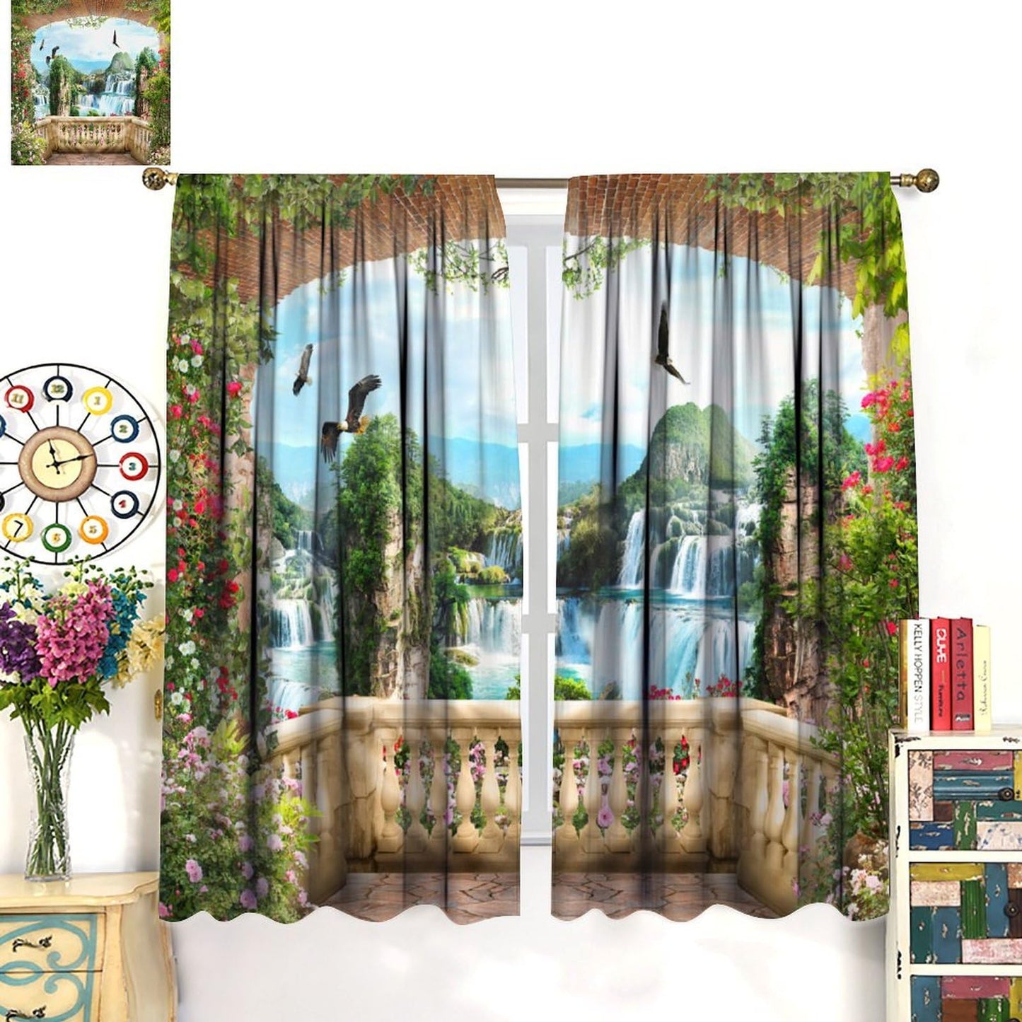 AAVEUP Italian Building Curtains for Kitchen,European Vintage Rustic Romantic Waterfall Natural Flower Landscape Architecture Window Treatments Print for Bedroom Living Room 42x45in（No Blackout）