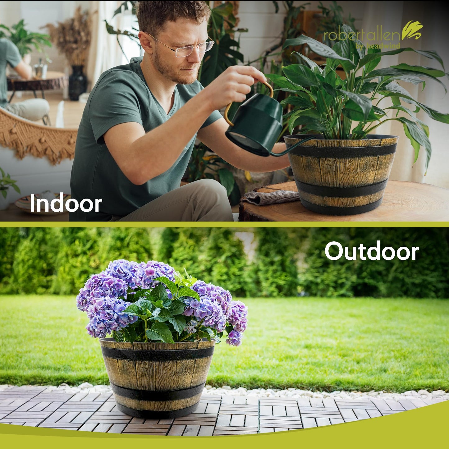 Headwind Whiskey Barrel Planter – 15 Inch New Wood Barrel Planters for Outdoor Plants – Weather-Resistant Flower Pot with Wooden Finish – Decorative Indoor & Outdoor Garden Planter by Robert Allen