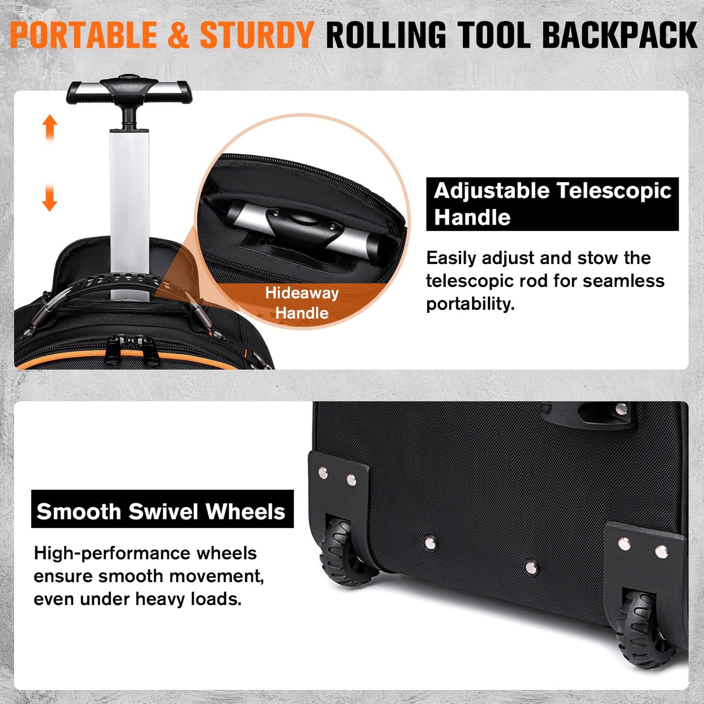 2-In-1 Rolling Tool Backpack Heavy Duty, 47 Pockets Rolling Tool Bag with Wheels, Tool Bag Backpack with Retractable Handle, 1680D, Backpack for Tools HVAC Electrician Construction Worker Mechanic