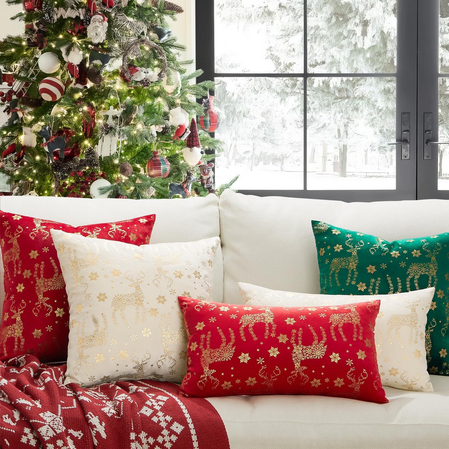 Topfinel Christmas Pillow Covers 20x20 Set of 2,Xmas Cream Velvet Snowflake Reindeer Decorative Pillow Case Winter Holiday Decor for Home Couch,White and Gold