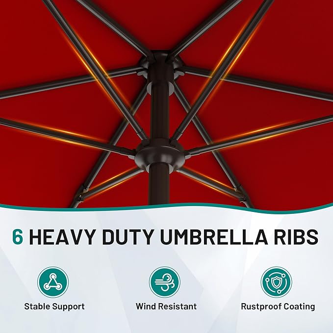 AreShark 7.5FT Patio Umbrella Table Market Umbrella with 6 Sturdy Ribs, Button Tilt/Crank Heavy-Duty Round Outdoor Umbrellas for Garden, Deck, Backyard,and Pool, Red