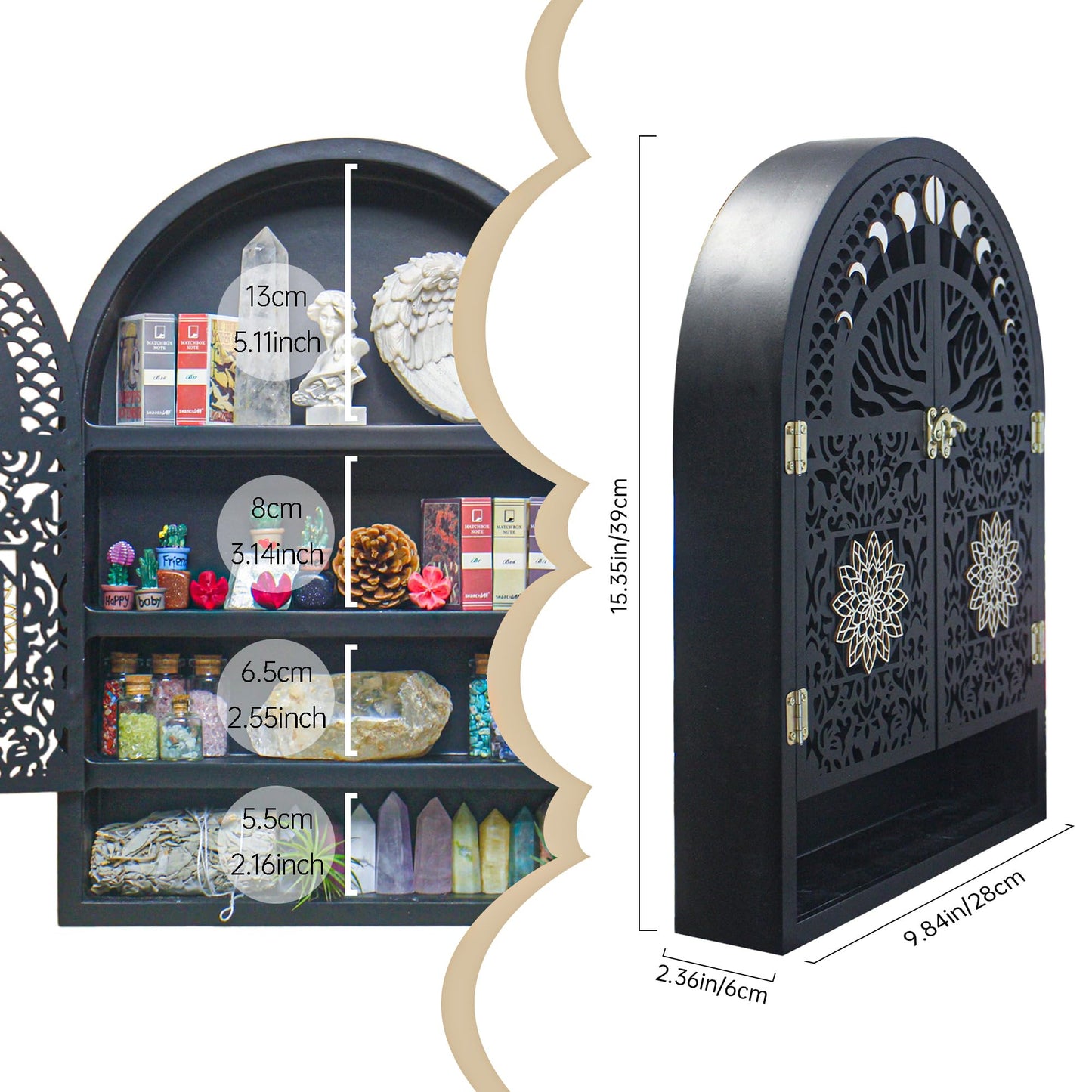 FNYDOX Large Crystal Display Shelf for Wall, Crescent Moon Phase Shelf Wall Decor, Wooden Arch Shelf, Tree of Life Crystal Holder Organizer, Cabinet for Gem Stone Rock, Spiritual Home Room Decor