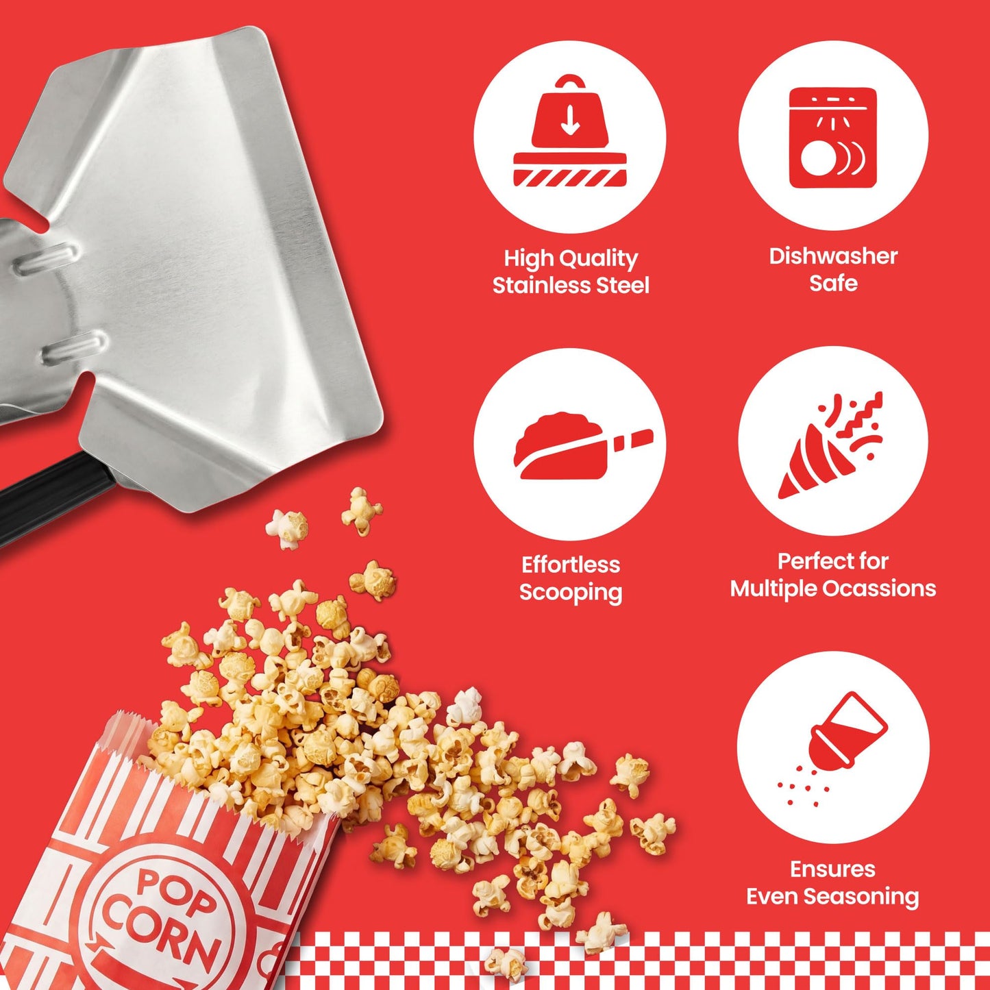 Scoopset Popcorn Scoop Set with Salt Shaker & 10 Popcorn Bags, Stainless Steel Popcorn Scoop for Popcorn Machine, Popcorn Scooper, French Fry Scoop Bagger Shovel